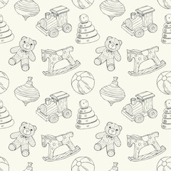 Retro toys seamless pattern with train, horse, ball, bear, peg, pyramid. Vector illustration. Wrapping. Surface design.