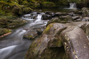Naklejka na ściany i meble Small river flowing over rocks at Glenarriff Woods Reserve, Ireland, part of the Ring of Kerry, long exposure to smooth out the water, nobody in the image