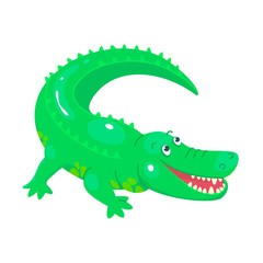 Cute cartoon crocodile for children graphics. Green adorable smiling animal. Flat childish style. Vector illustration.