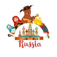 Russia vector illustration. Bear with balalaika. Russian symbol cartoon flat style isolated on white background