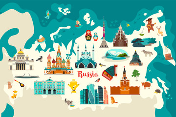 Russia vector map illustration.Hand draw atlas with russian landmarks, symbols and animals. Matryoshka and bear balalaikas. Nature lake and mountains. The Kremlin and the drawbridge