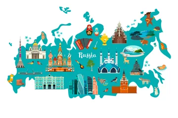 Abbildung der Vektorkarte von Russland. Handgezeichneter Atlas mit russischen Wahrzeichen isoliert auf weißem Hintergrund © coffeee_in
