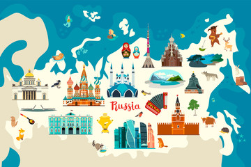 Russia vector map. Children colorful poster. Hand draw atlas with russian landmarks, symbols and animals