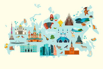 Russia vector map, colorfull illustration. Russian landmark poster