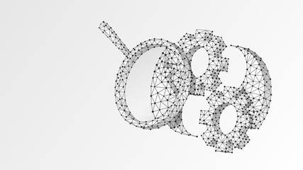 Magnifying glass on Gears Yin Yan symbol. Technology balanced solution, engineer research concept. Abstract, digital, wireframe, low poly mesh, vector white origami 3d illustration. Triangle, line dot