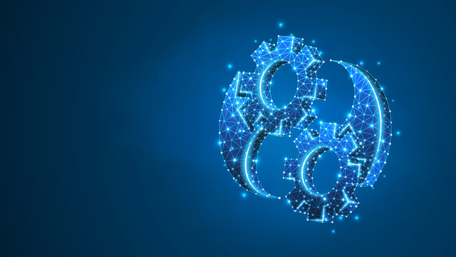 Gears Yin-Yan symbol. Industry balance, business solution, mechanical technology, engineering concept. Abstract, digital, wireframe, low poly mesh, Raster blue neon 3d illustration. Triangle, line dot