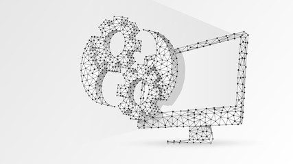 Gears Yin Yan symbol on computer monitor. Industry balance, business solution, settings concept. Abstract, digital, wireframe, low poly mesh, Raster white origami 3d illustration. Triangle, line dot
