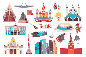 Russia vector landmarks, isolated on white background. .Russia icons set, isolated on white background. Russian symbol: balalaika, samovar, matryoshka. Architecture and nature, flat cartoon style