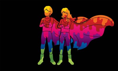 Super Hero Man and Woman standing together with costume cartoon graphic vector.