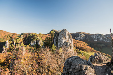 autumn Sulovske skaly mountains from Sulovsky hrad castle ruins in Slovakia