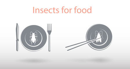 Insects for food. Cricket and cockroach on plate. Icons set. Vector illustration. Unusual food. Logos or emblems. ?ook beetles in food.