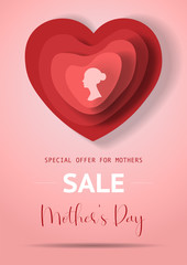 Mother's Day sale poster with red paper hearts. Mother or woman silhouette on different shape of paper hearts for Mother's Day. Sale poster, banner, concept, vector illustration for shops.