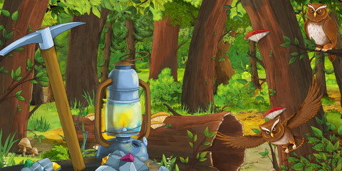 cartoon summer scene with deep forest and bird owl - illustration for children