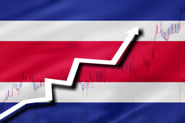 Fototapeta premium White arrow and stocks chart growth up on the background of the flag of Costa Rica