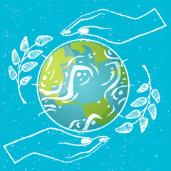 Earth day vector, planet protected by hands of people, conservation of globe flat style. Protection of nature lands and oceans, branches with foliage