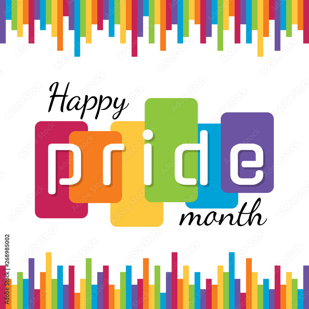 Poster happy lgbt pride month banner with typography text on abstract modern sharp rainbow sticks backgroun
