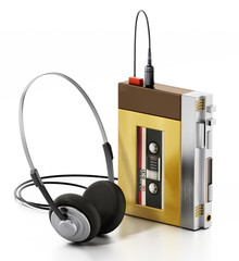 Retro portable cassette player isolated on white background. 3D illustration - obrazy, fototapety, plakaty