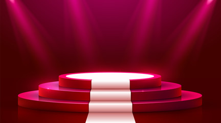 Abstract round podium with white carpet illuminated with spotlight. Award ceremony concept. Stage backdrop.