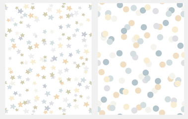 Simple Geometric Vector Patterns with Stars and Dots on a White Background. Irregular Hand Drawn Starry and Dotted Graphic. Gray, Pale Gold and Blue Confetti Rain of Star and Dot Shape.