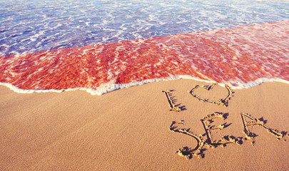 Beach sand, sea and flag Haiti. I love Haiti concept