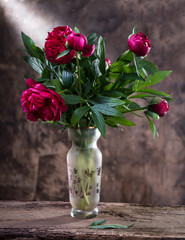 Artistic still life with peonies in vase