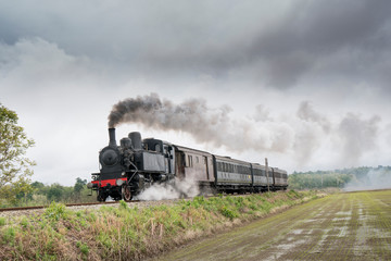 Obraz na płótnie Canvas Vintage steam train with ancient locomotive and old carriages runs on the tracks in the countryside