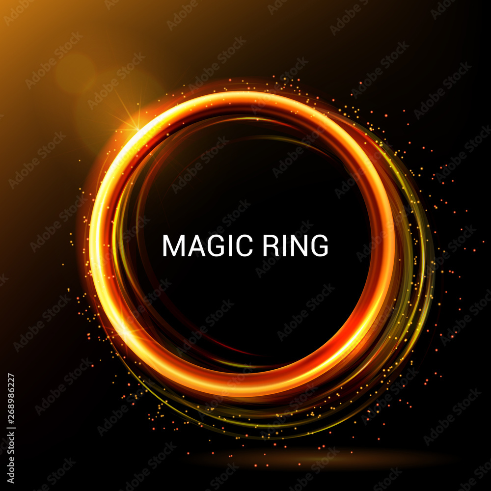 Poster gold circle light tracing. energy brilliant round frame. magic lights and fire ring trace. sparkle s