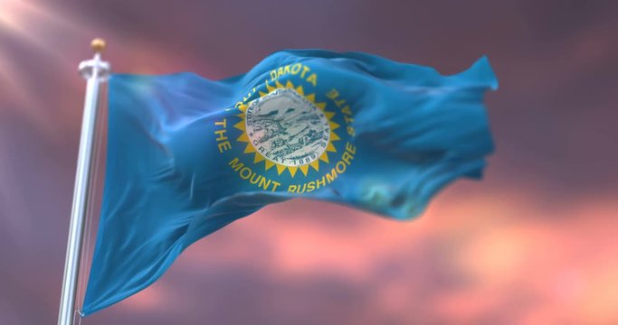 Flag of american state of South Dakota waving at wind at sunset - loop