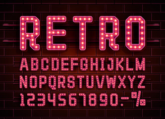 Retro font vintage, light sign set. Vector