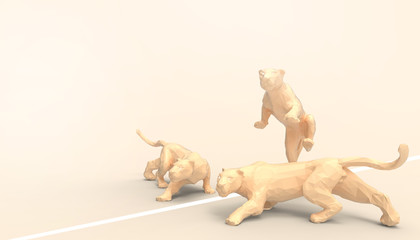 Tiger - Cheetah lowpoly Animal Groups on Concept Modern Art and Yellow pastel  background  - 3d rendering