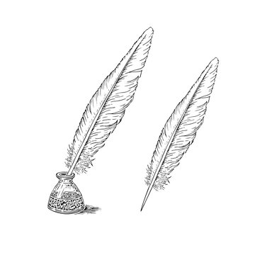 A simple quill pen and inkwell sketch. Vector image hand drawn in vintage style
