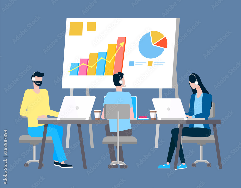 Poster technical support and presentation with graphics and chart vector. men and woman in headset work in 
