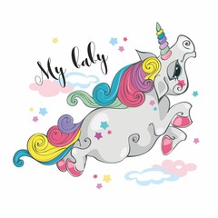Magic unicorn.My baby.  Fairy pony. Rainbow mane. Cartoon-style Vector