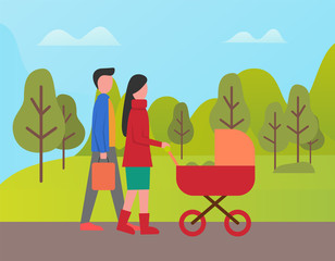 Couple of newlywed walking in park vector, man and woman strolling with perambulator. Mother and father in forest with pram, newborn child sleeping