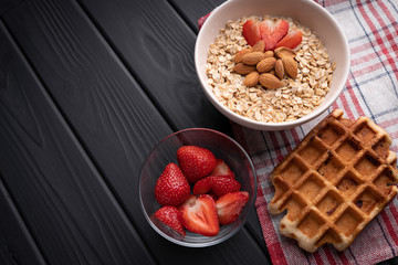 Healthy breakfast. Fruit oatmeal. Dessert. Morning. Vegetarian food
