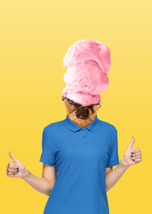Female body in blue shirt headed by a strawberry icecream with chocolate on yellow background. Negative space to insert your text. Modern design. Contemporary art collage. Vacation, summer, resort.