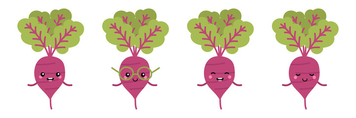 Set, collection of cute and happy cartoon style beet characters for autumn, organic food and harvest design.