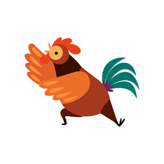 Colorful Rooster Crowing, Farm Cock Cartoon Character Vector Illustration