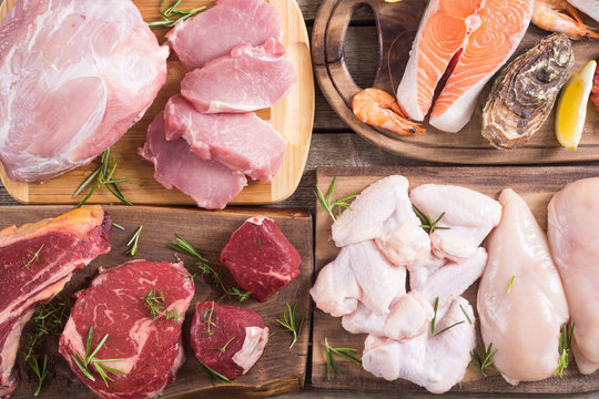 Assortment of meat and seafood