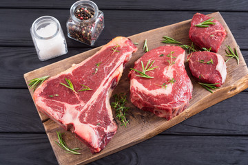 Variety of raw beef meat steak