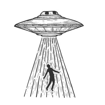 UFO Flying saucer kidnaps human person sketch line art engraving vector illustration. Scratch board style imitation. Black and white hand drawn image.