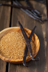 vanilla sugar in a wooden bowl