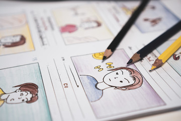 Creator drawing Story board movie video layout for pre-production, development cartoon illustration...