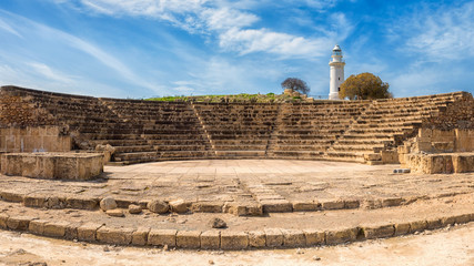 Ancient Odeon amphitheatre in Paphos Archaeological Park (Kato Pafos), harbour of Paphos, Cyprus,...