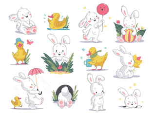 Vector hand getekende illustratie set met schattige witte konijntje en gele kleine eend geïsoleerd op een witte achtergrond. Goed voor baby shower uitnodigingen, verjaardagskaarten, stickers, prints, adventskalender etc.
