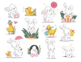 Fotobehang Schattige konijntjes Vector hand getekende illustratie set met schattige witte konijntje en gele kleine eend geïsoleerd op een witte achtergrond. Goed voor baby shower uitnodigingen, verjaardagskaarten, stickers, prints, adventskalender etc.