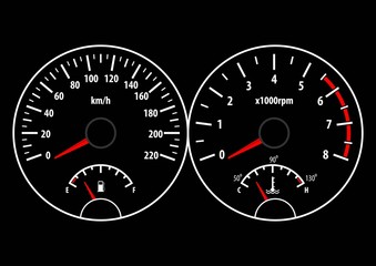 Car dashboard with speedometer, tachometer, fuel and temperature gauge. Vector illustration