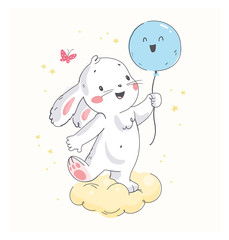Vector flat illustration of cute little white baby bunny character with air balloon standing isolated. Hand drawn style. For baby calendar, baby shower, birthday card, tee print, sticker, nursery etc