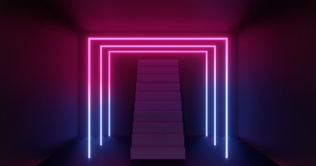 3d rendering, abstract neon background, pink blue glowing light, staircase in dark room