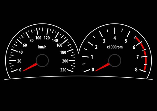 Tachometer and Speedometer gauge isolated on black background. Vector illustration.